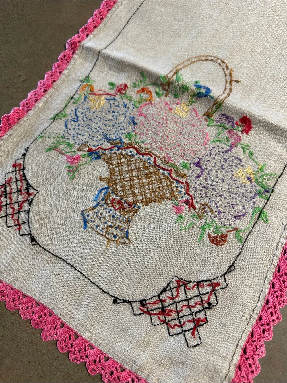 Vintage Hand-Embroidered Linen Floral Basket Table Runner - Pink Trim 38”